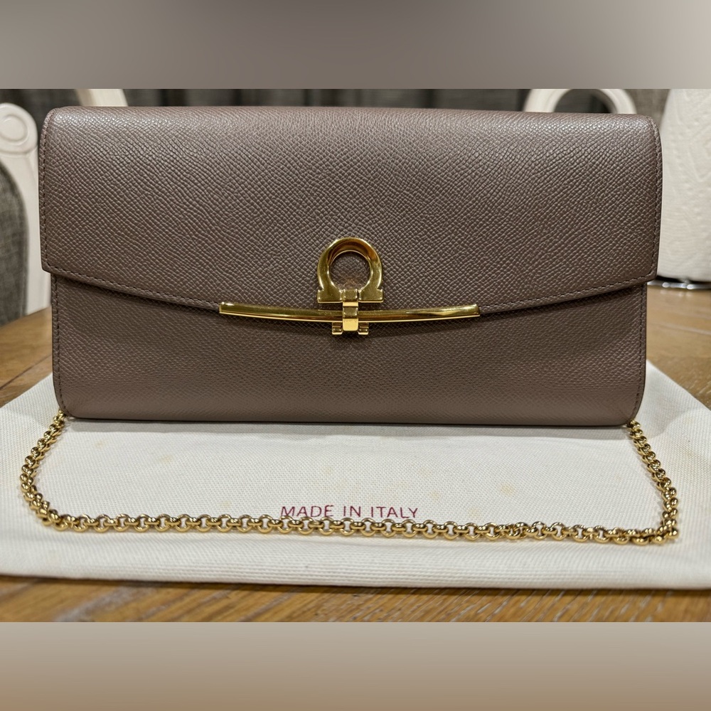 SALVATORE FERRAGAMO Gancini Calf Skin Leather Mini Bag with Chain-Cumin/Gold
